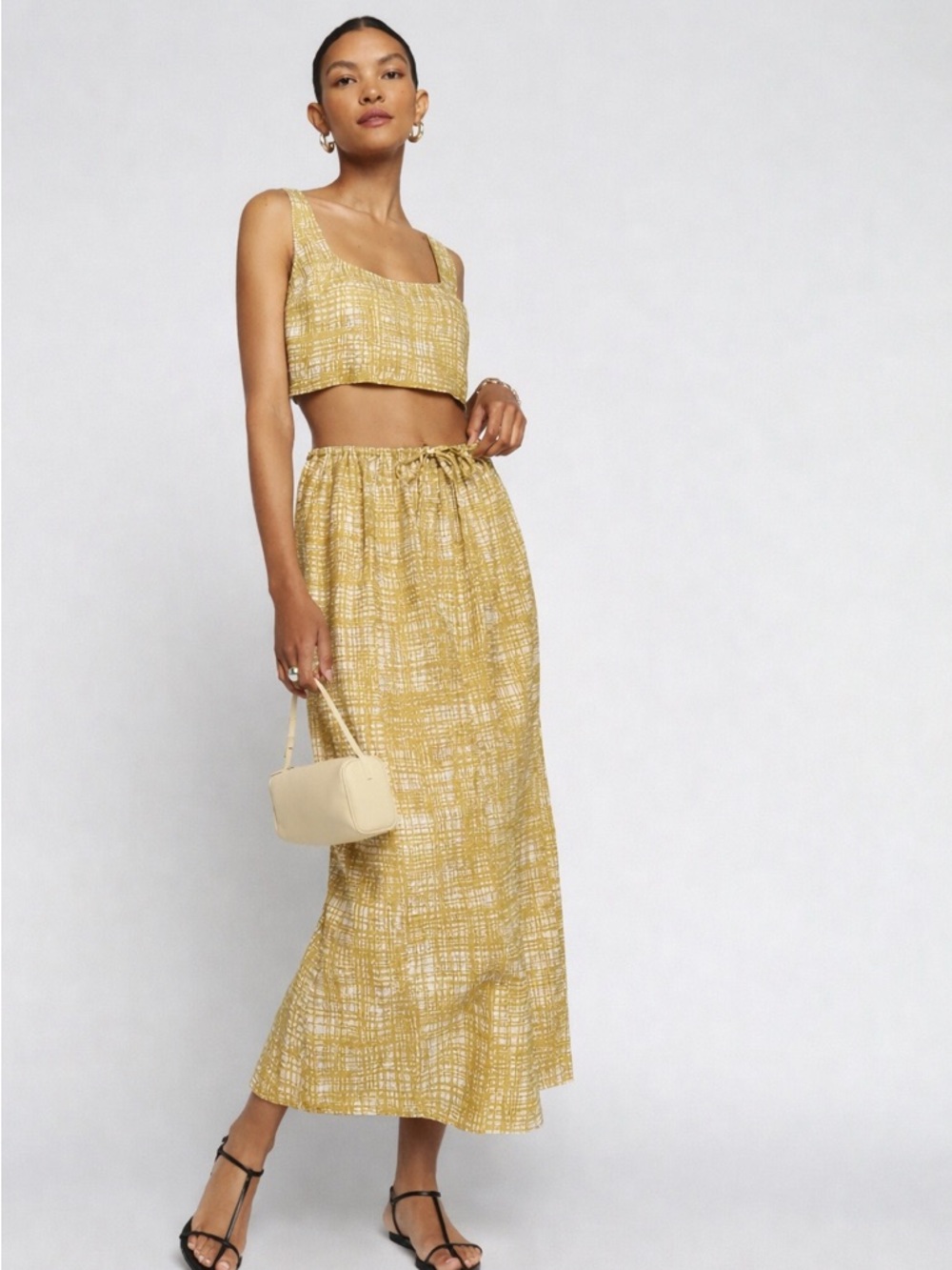 Reformation Amir Linen Two Piece Set Yellow Top and Maxi Skirt Size M